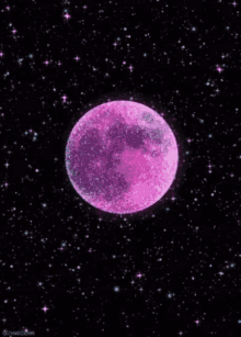 a purple moon is surrounded by stars in the night sky .