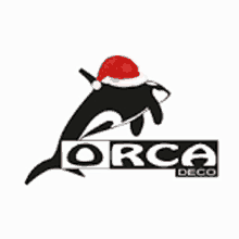 a killer whale wearing a santa hat is the logo for orca decor .