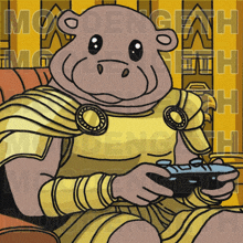 a cartoon drawing of a hippo holding a video game controller with the word modengenh behind him