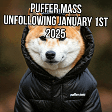 a dog wearing a black jacket with the words puffer mass unfollowing january 1st 2025 written on it