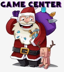 a cartoon drawing of santa claus and a pig with the words game center below