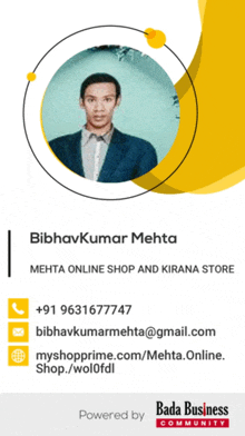 a business card for bibhavkumar mehta with a picture of a man in a suit