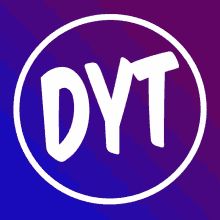 the word dyt is in a white circle on a blue and purple background