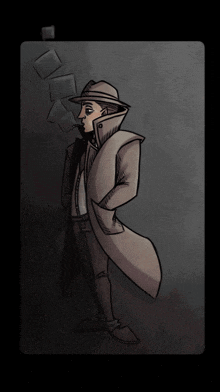 a drawing of a man in a trench coat and hat