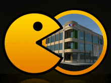 a pac man logo with a building in the background and a sign that says ' nbc ' on it