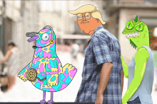 a cartoon drawing of donald trump standing next to a colorful bird