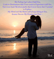 a man carrying a woman in his arms on the beach with a quote from tlc