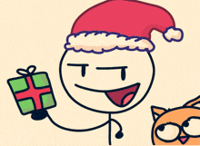 a stick figure wearing a santa hat is holding a present