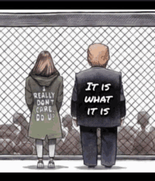 a man and a woman standing in front of a chain link fence with the words it is what it is on the back of the man