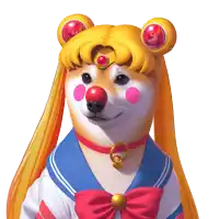 a dog wearing a sailor moon outfit with a red nose