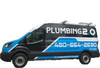 a blue and black van with plumbing 2.0 written on the side