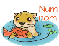 a cartoon of an otter holding a fish with the words num nom written above it