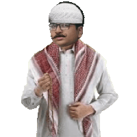 a man with a mustache and glasses is wearing a white hat and a scarf around his neck .