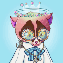 a cat wearing glasses and a crown with flowers on it 's head