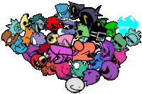 a bunch of colorful cartoon characters are laying on top of each other