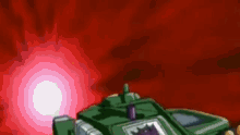 a purple and green robot is standing in front of a red background and shooting a pink light .