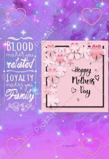 a mother 's day card with flowers and hearts on it