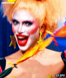 a close up of a drag queen 's face with the words janeyjacke s3 ep3 visible