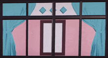 a window with a pink and blue curtain and the letter i in the middle