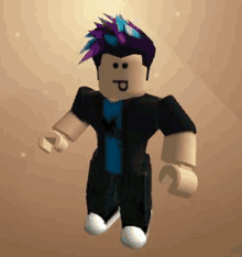 a roblox character with purple and blue hair and a black shirt .