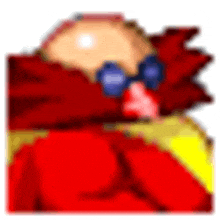 a pixel art of a cartoon character wearing sunglasses and a red cape .