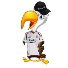 a cartoon eagle wearing a beko shirt and a black hat