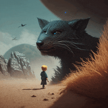 a little boy stands in front of a large cat with blue eyes