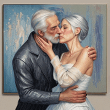 a painting of a man kissing a woman in a white dress