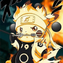 a cartoon character from naruto is holding a sword in his mouth in front of a fire .