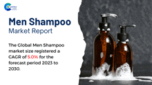 two bottles of men shampoo on a black background with the words men shampoo market report