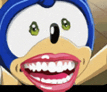 a close up of a cartoon character 's face with a huge smile .