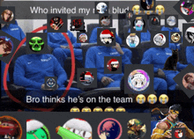 a group of people are sitting in a stadium and the caption says who invited my blur bro thinks he 's on the team