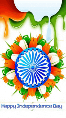 a happy independence day greeting card with a circle of flowers in the colors of the indian flag