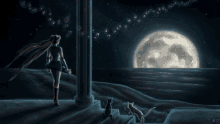 a woman is standing in front of a full moon while two cats are sitting on the steps .