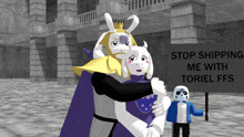 a couple of cartoon characters hugging each other in front of a sign .