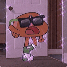 a cartoon character wearing sunglasses is standing in a doorway