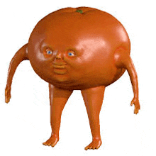 an orange with arms and legs and a face