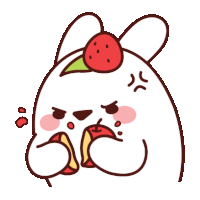 a cartoon bunny with a strawberry on its head is eating an apple