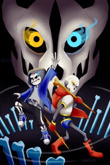 a drawing of sans and papyrus with a skull in the background and the name mandiee at the bottom