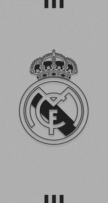 a black and white drawing of the real madrid logo with a crown on a gray background .