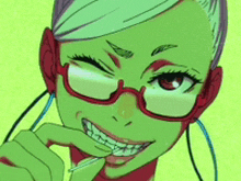 a close up of a cartoon character wearing glasses and earrings .