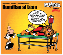 a cartoon of a lion laying in a hospital bed with the words humillan al leon above it