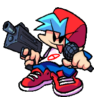 a cartoon character is holding a gun and a microphone in his hands .