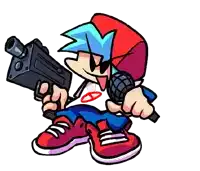 a cartoon character is holding a gun and a microphone in his hands .