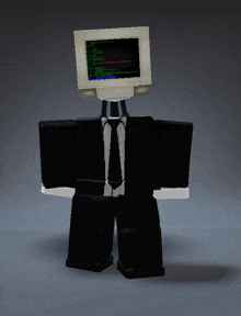 a cartoon character in a suit and tie with a computer monitor on his head