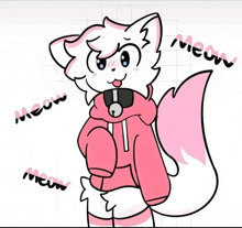 a drawing of a cat wearing headphones and a pink hoodie