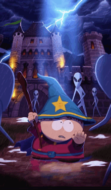 a cartoon of a wizard with a star on his hat standing in front of a castle