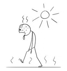 a stick figure is walking in the sun with sweat coming out of his face .