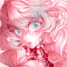 a drawing of a girl with pink hair and green eyes