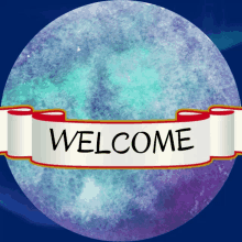 a banner with the word welcome on it in front of a full moon